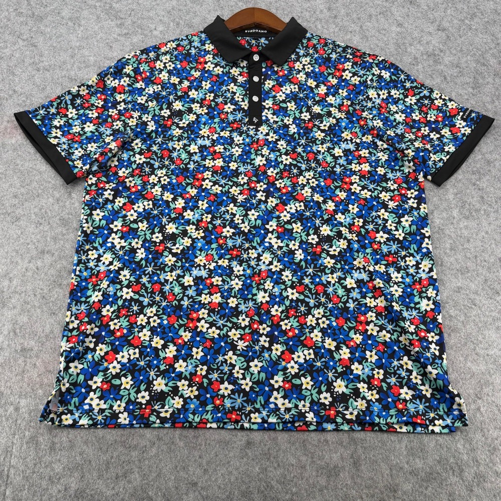 Byrdgang Mens Large Floral Performance Polo Shirt Black Blue Red Short Sleeve
